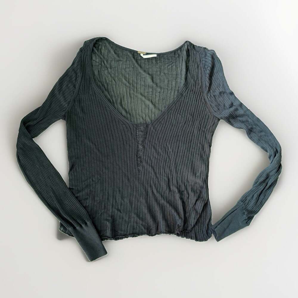 Free People Sheer black rubbed v neck distressed long sleeve goth emo grunge M